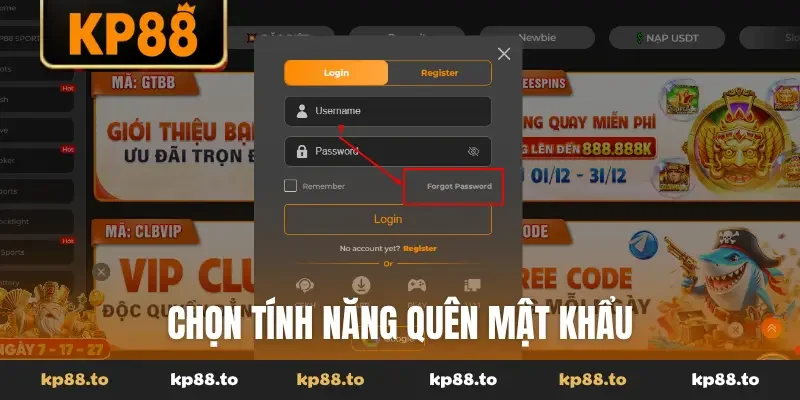 Chọn tính năng quên mật khẩu